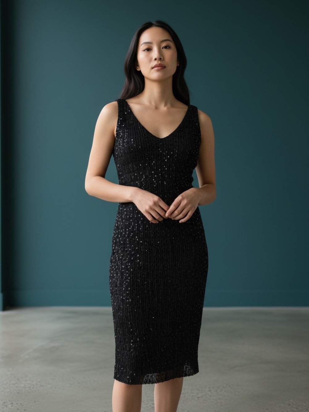❤️ Ralph Ralph Lauren Black Sequin Stretch Mesh Overlay Bodycon Dress